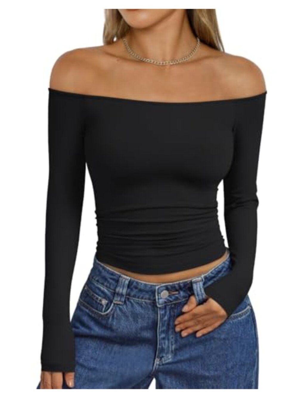 Off Shoulder Long Sleeve Fitted Top Slim Fit Y2K Going Out T-Shirt